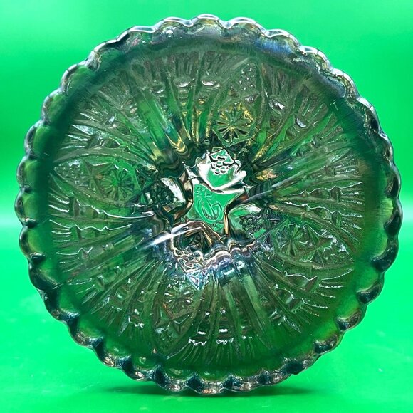 Vintage 1950s Imperial Carnival Glass Daisy Button Green Flared Vase Crimped Rim - Picture 6 of 16